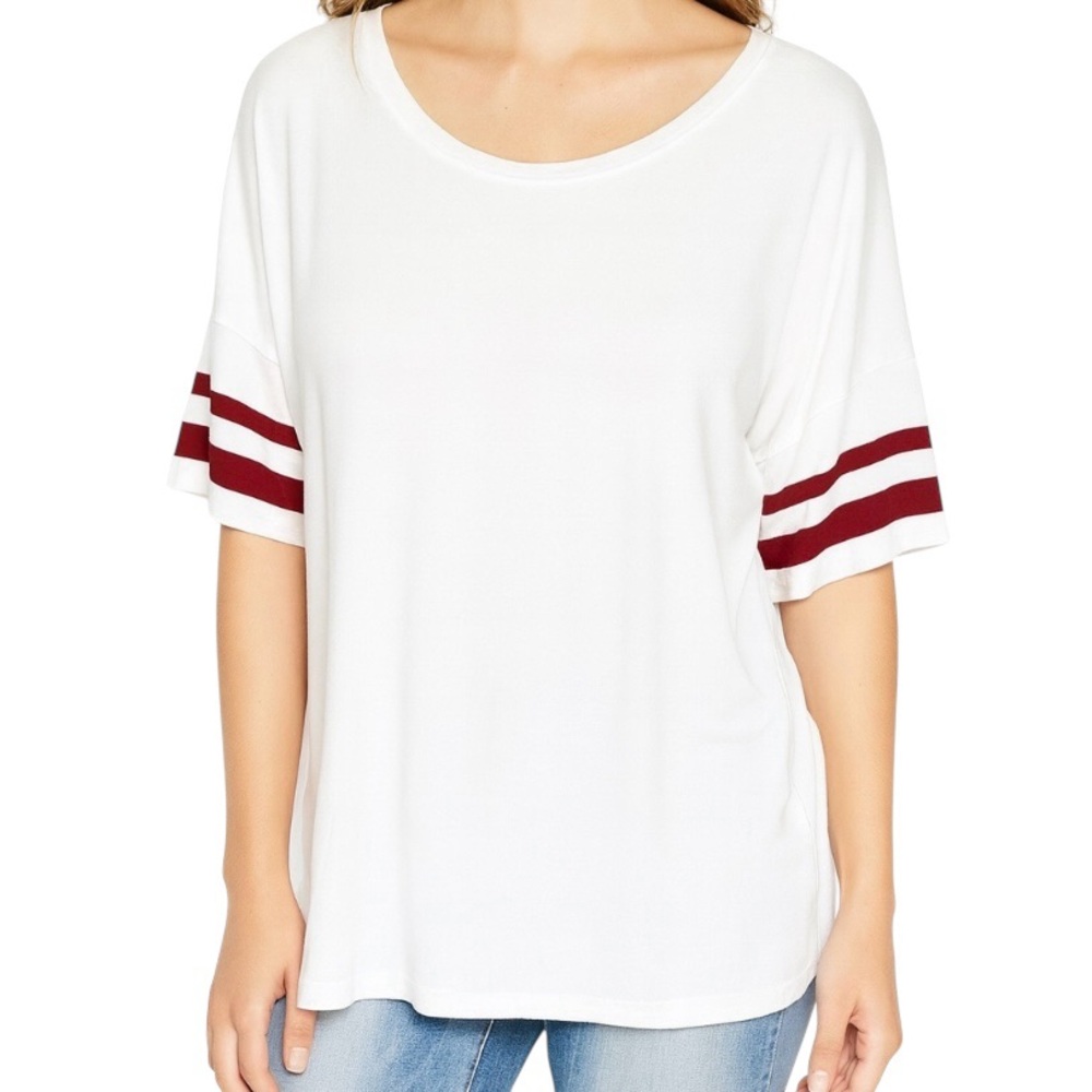 Express One Eleven Women's Oversized Baseball Tee White Burgundy Stripes Size L
